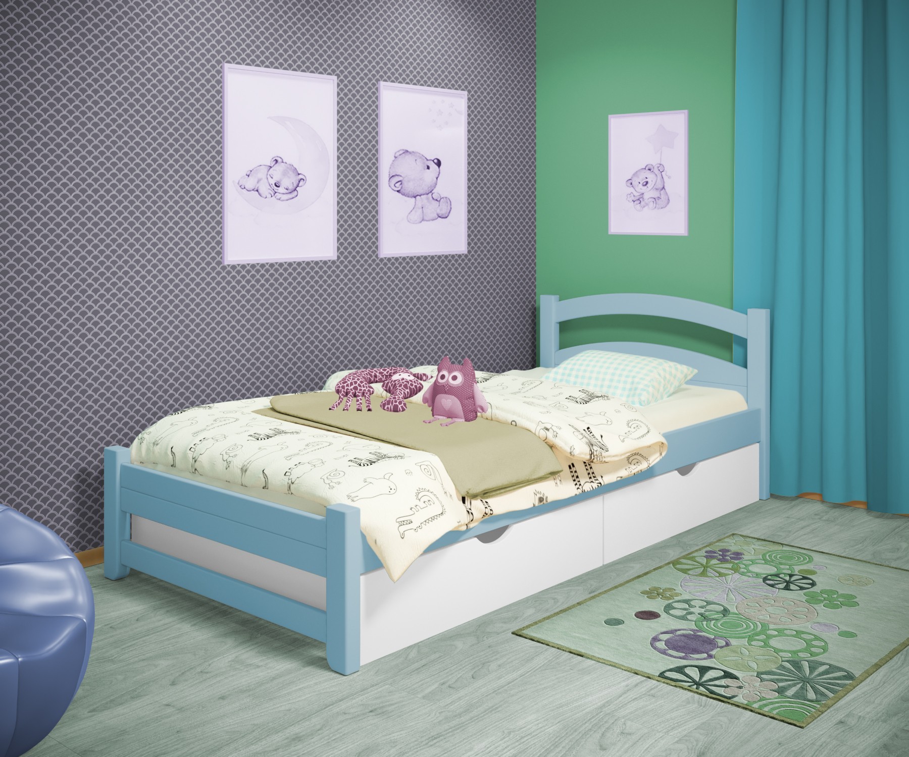 

Кровать односпальная RainbowDream Милана 80х190 см голубой массив ольхи, с ящиками