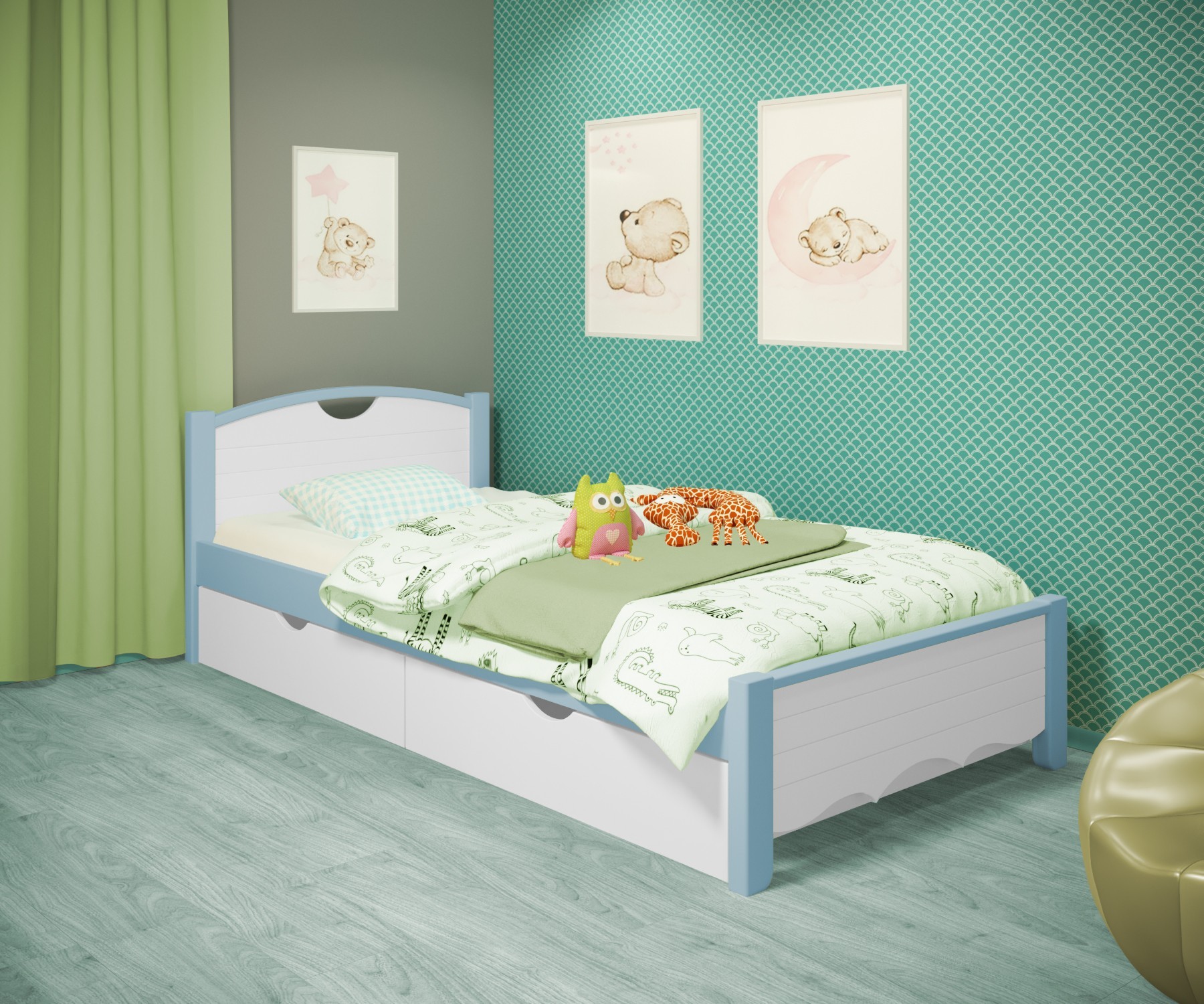 

Кровать односпальная RainbowDream Дженни 80х190 см бело-голубой массив ольхи, с ящиками