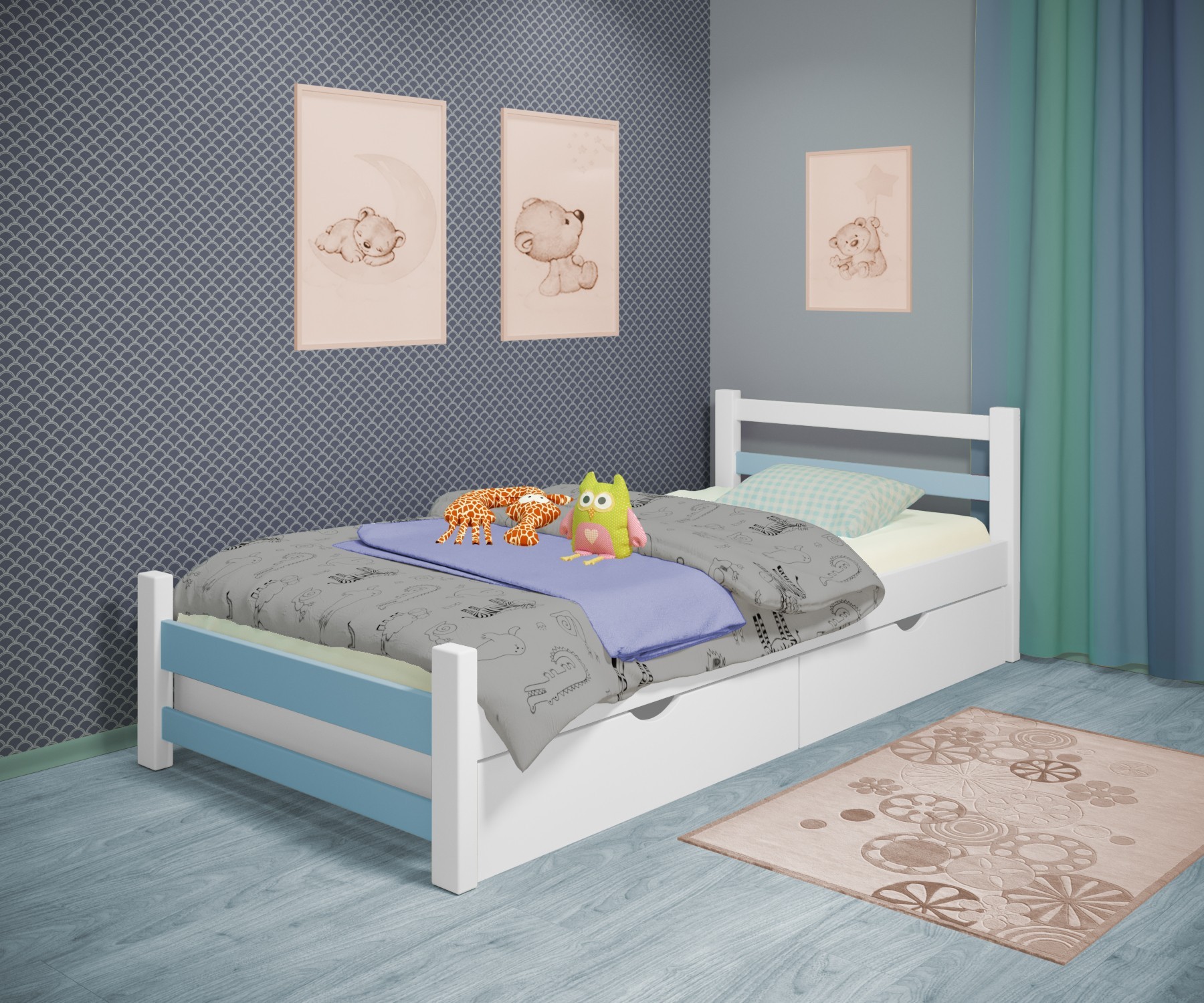 

Кровать односпальная RainbowDream Лентори 80х190 см бело-голубой массив ольхи, с ящиками