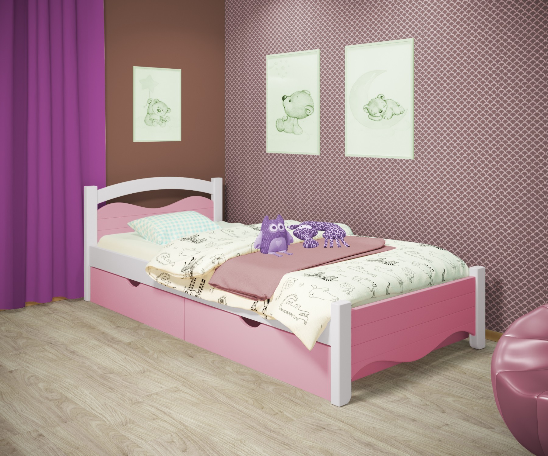 

Кровать односпальная RainbowDream Фабертино 80х190 см бело-розовый массив ольхи, с ящиками