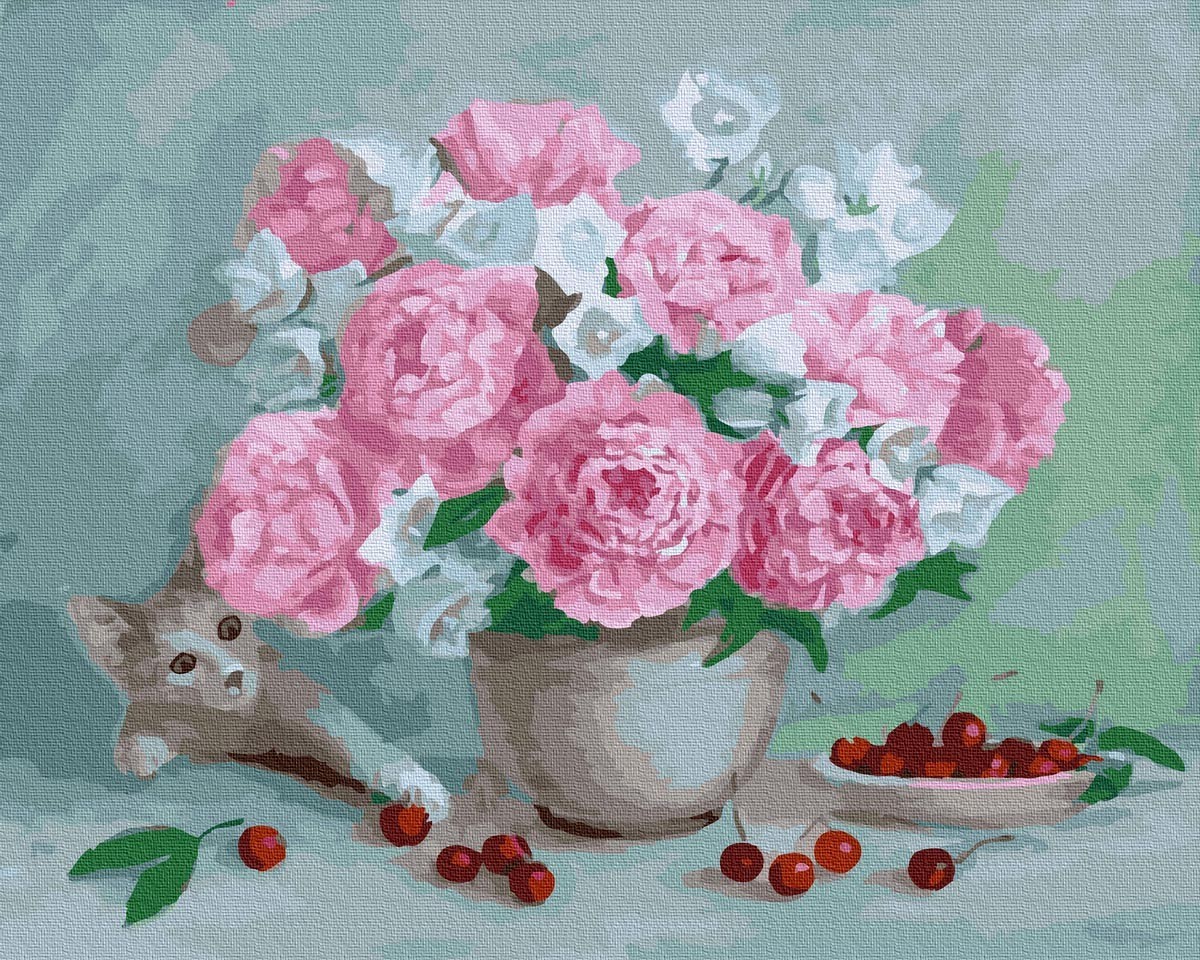 

Картина по номерам "ЦВЕТЫ, ВИШНИ И КОТЕНОК" 40*50 СМ