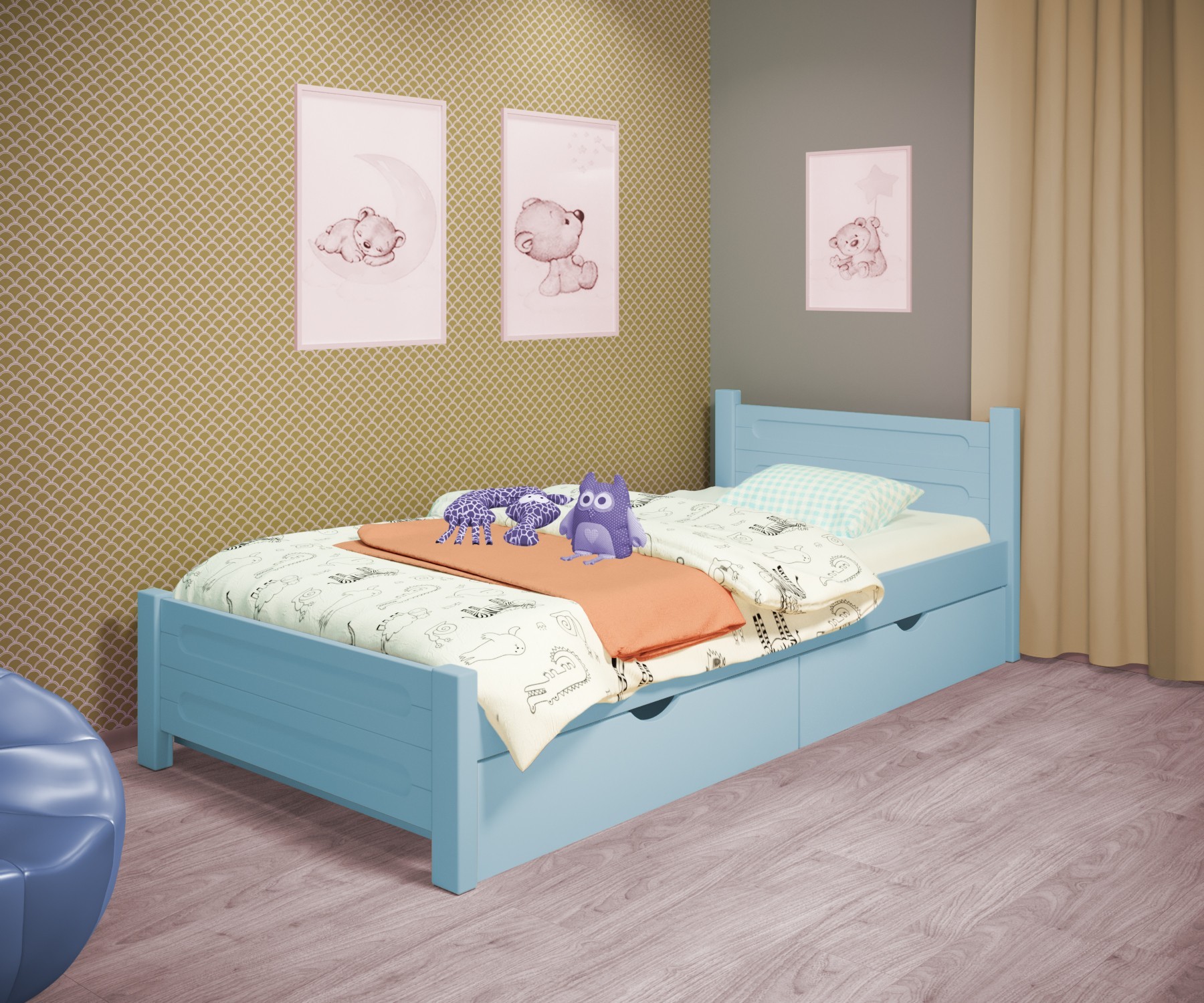 

Кровать односпальная RainbowDream Йокка 80х160 см голубой массив ольхи, с ящиками