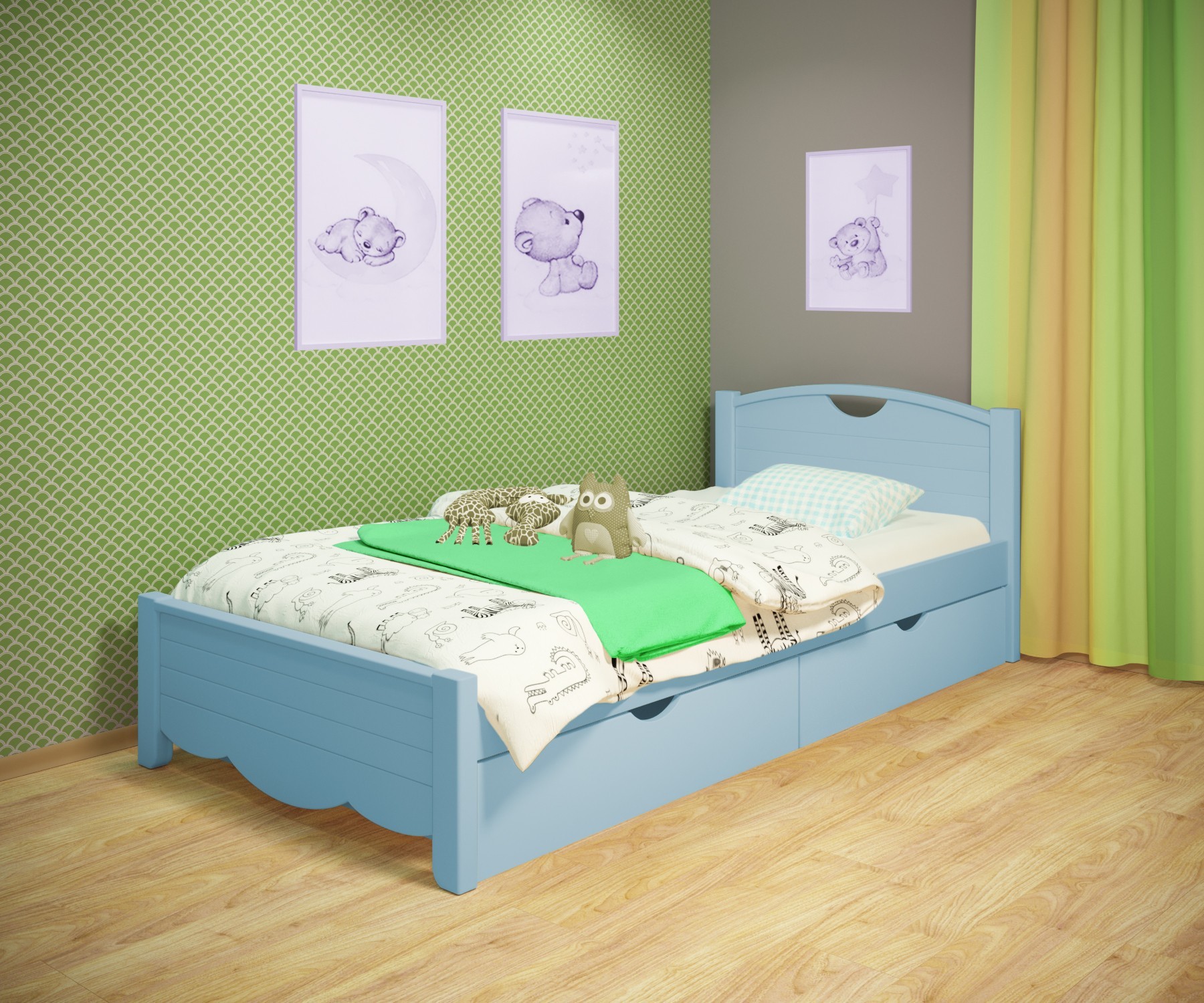 

Кровать односпальная RainbowDream Белла 80х180 см голубой массив ольхи, с ящиками