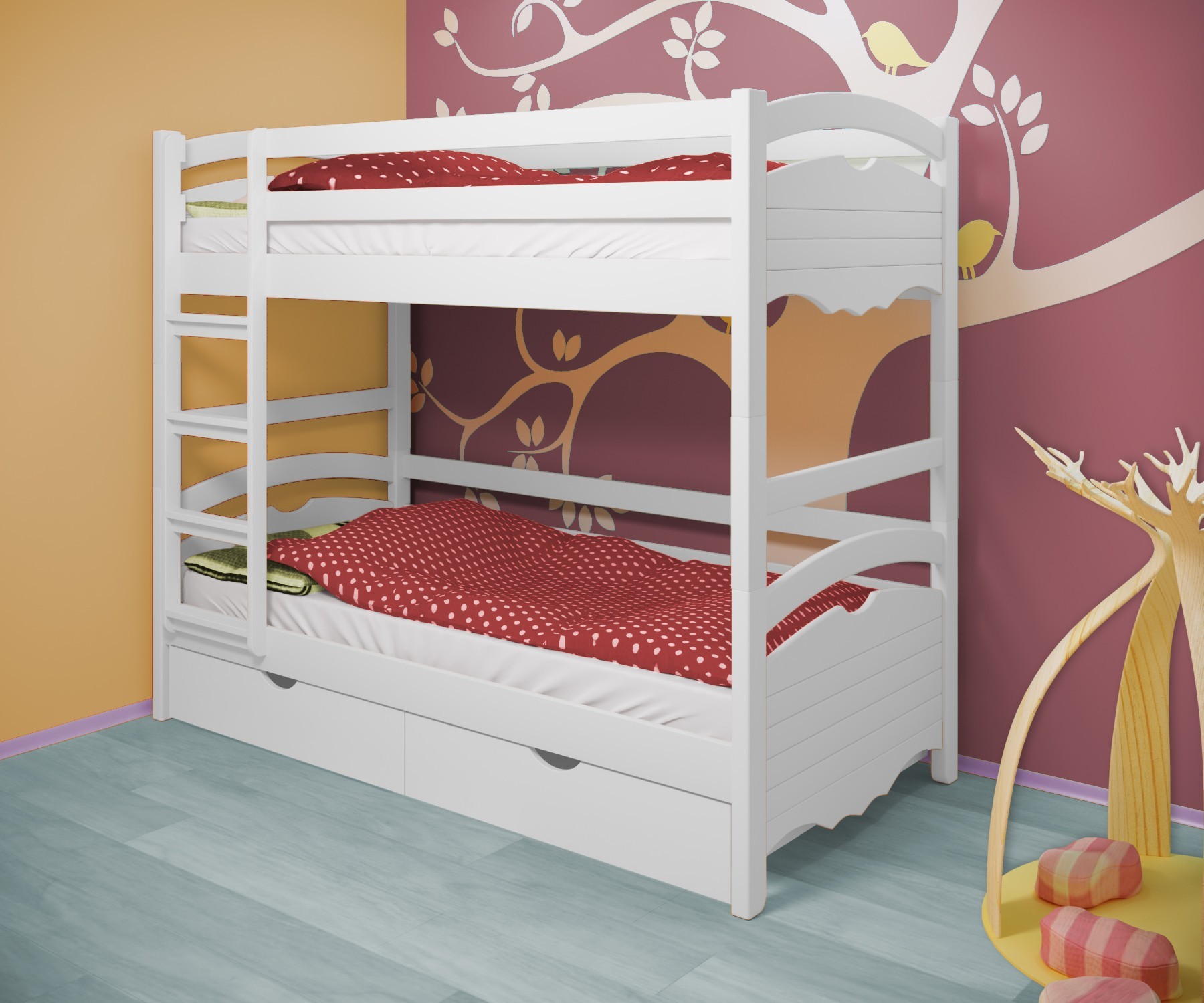 

Кровать двухъярусная RainbowDream Фирина 80х190 см белый массив ольхи, с ящиками