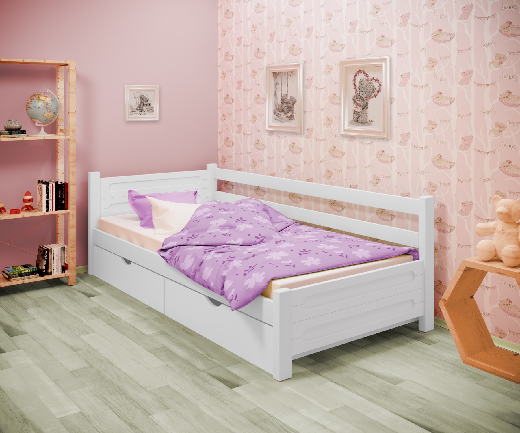 

Кровать односпальная угловая RainbowDream Йокка 80х190 см белый массив ольхи, с ящиками