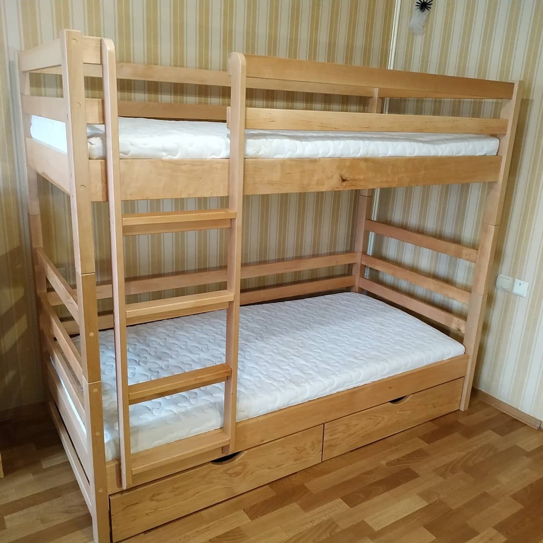 

Кровать двухъярусная RainbowDream Лентори 90х200 см массив ольхи в лаке, с ящиками