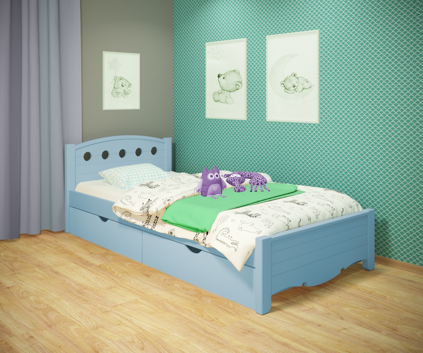 

Кровать односпальная RainbowDream Анри 80х160 см голубой массив ольхи, с ящиками