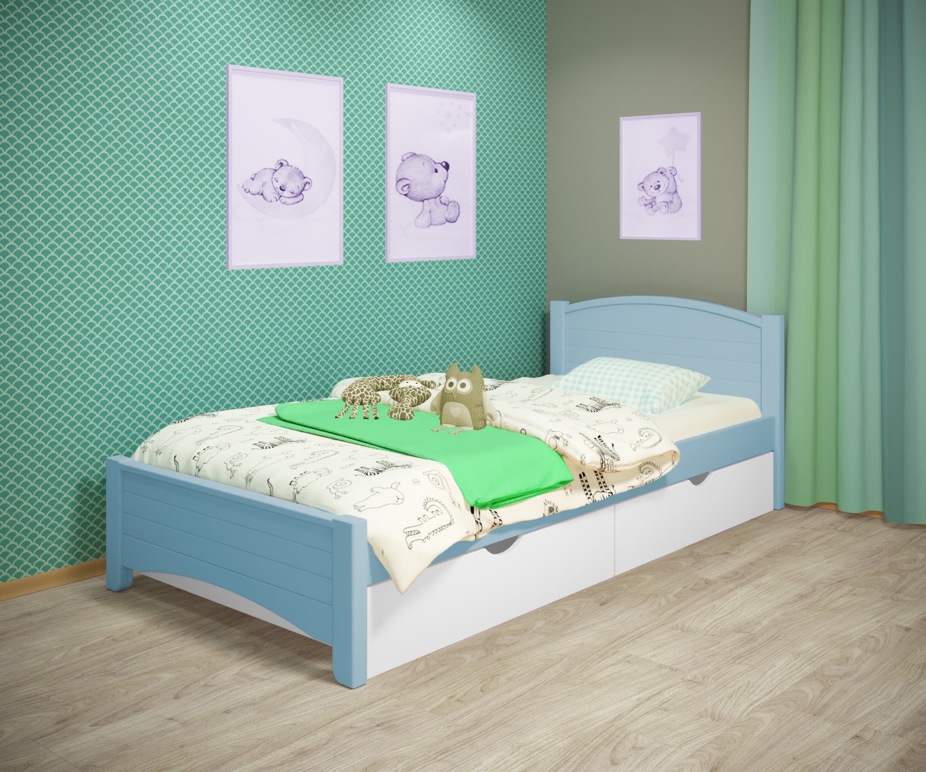

Кровать односпальная RainbowDream Доминика 90х200 см голубой массив ольхи, с ящиками