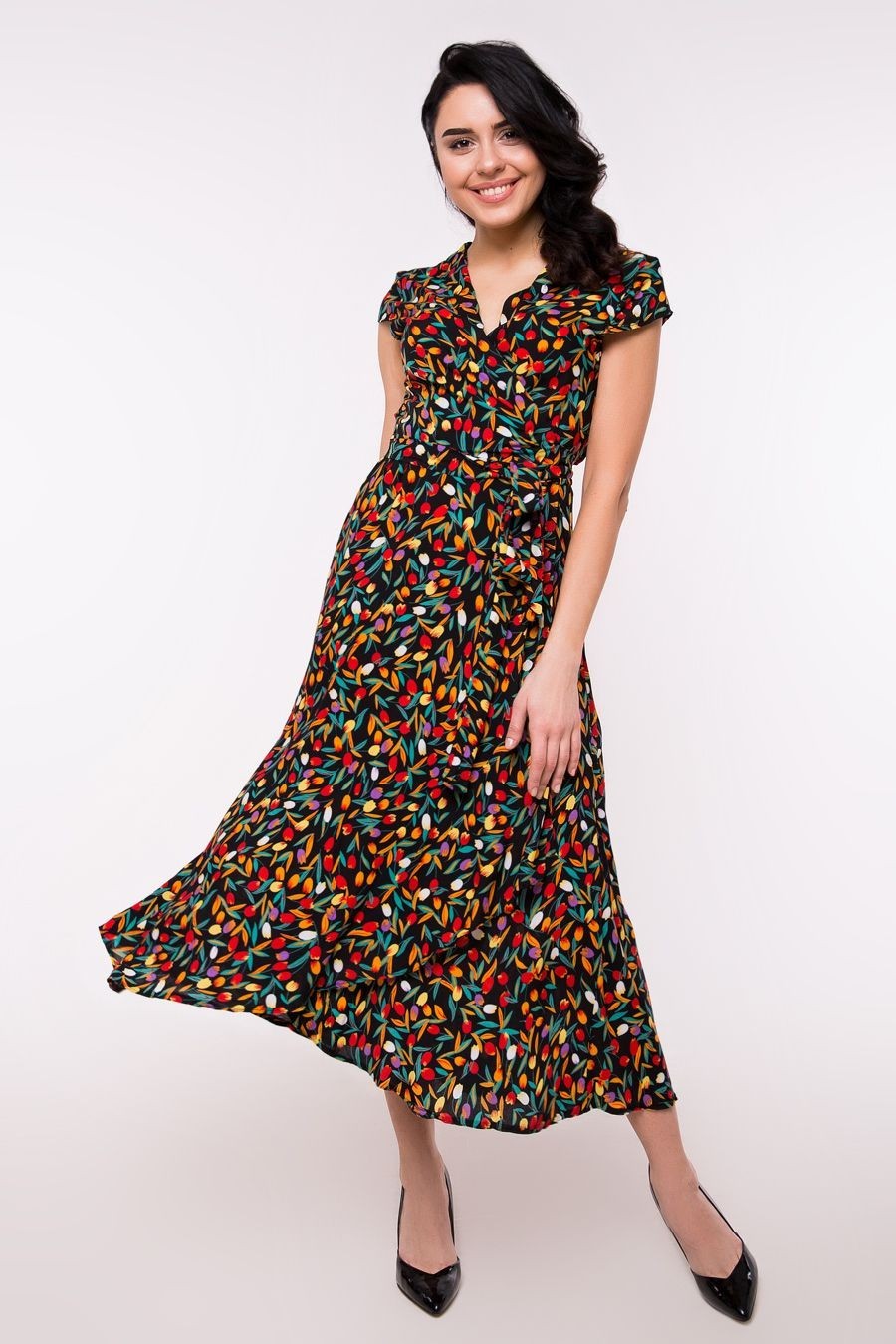 

Летнее платье миди на запах с цветочным принтом Jesstore С5100-2 L Черное