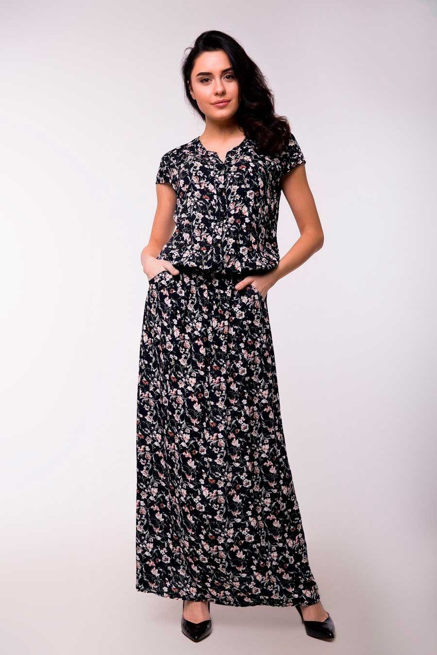 

Платье длинное Jesstore 6200D-22 XXL Черное с цветочным принтом