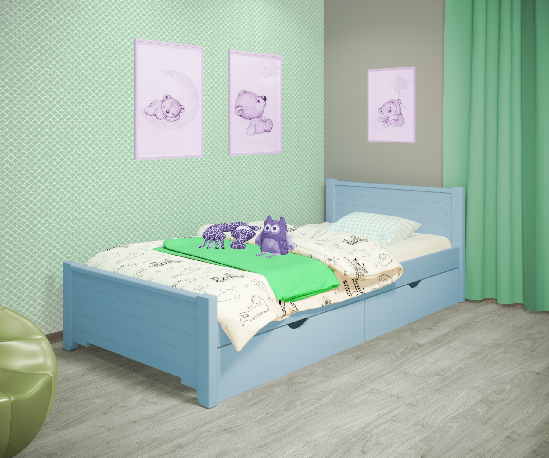

Кровать односпальная RainbowDream Фиронни 80х200 см голубой массив ольхи, с ящиками