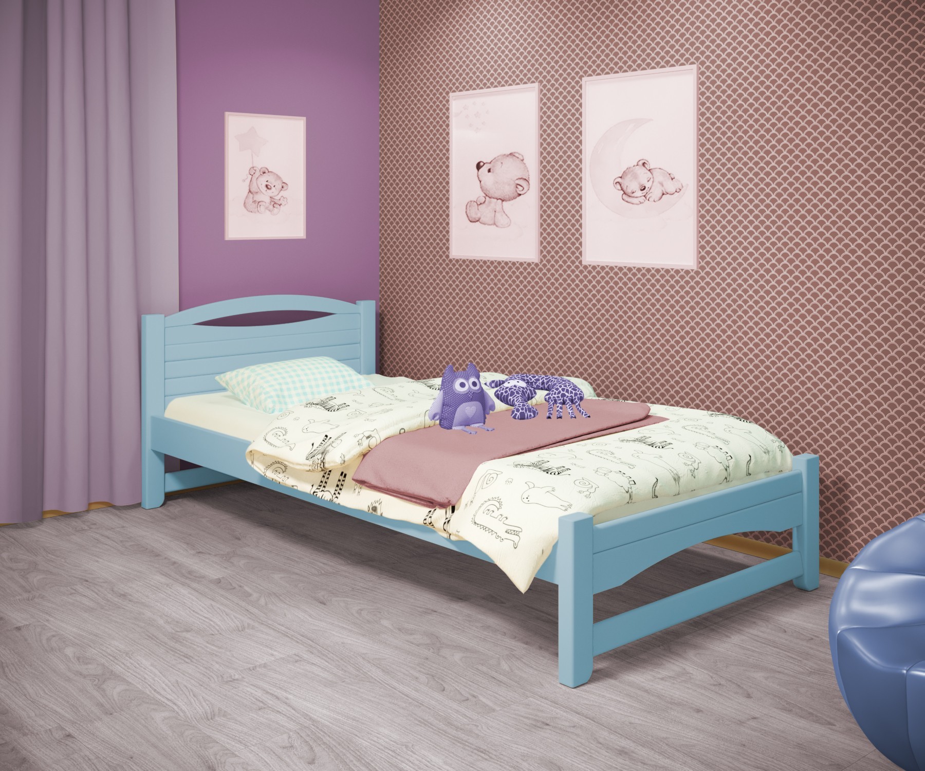 

Кровать односпальная RainbowDream Анимона 90х200 см голубой массив ольхи, без ящиков