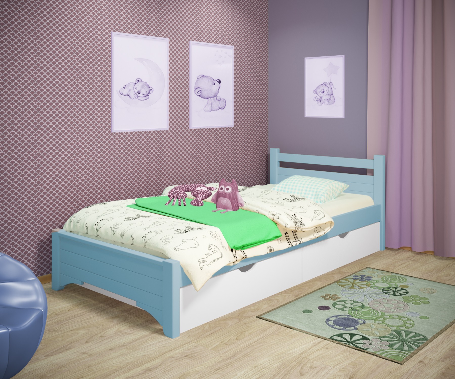 

Кровать односпальная RainbowDream Дюпон 80х200 см голубой массив ольхи, с ящиками