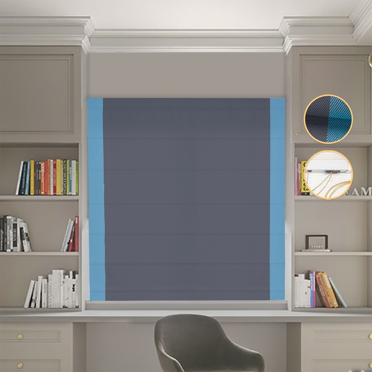 

Римские шторы DECOLIV Блэкаут Перфект графитовый с голубыми кантами по бокам 290*170 см