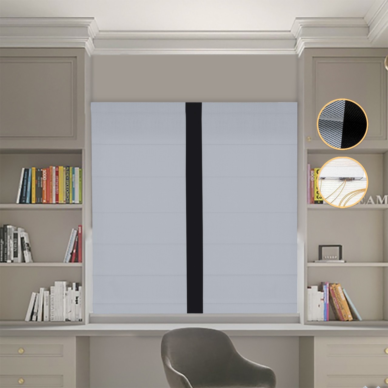 

Римские шторы DECOLIV Блэкаут Перфект светло-серый с черным кантом по центру 60*170 см