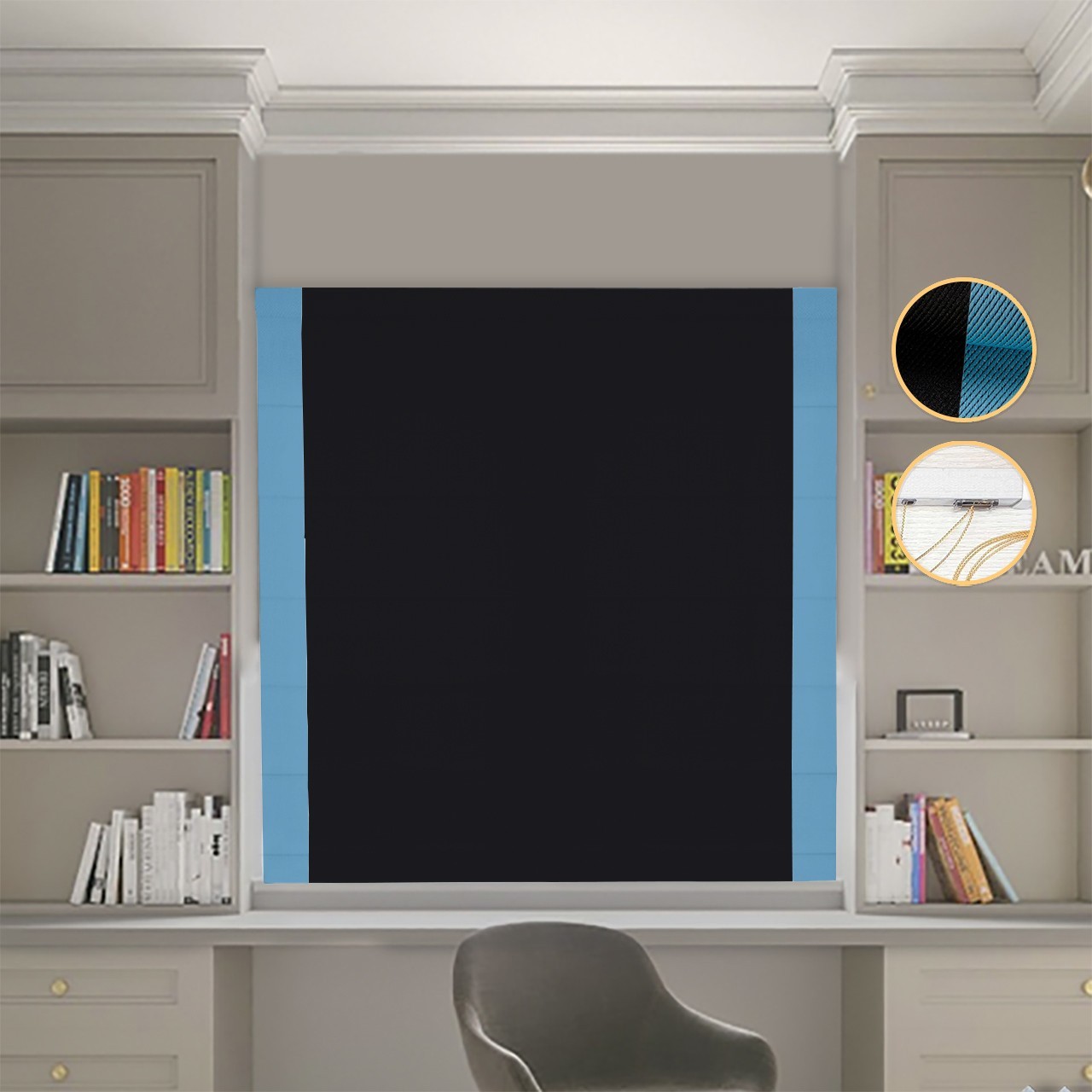 

Римские шторы DECOLIV Блэкаут Перфект черный с голубыми кантами по бокам 260*170 см