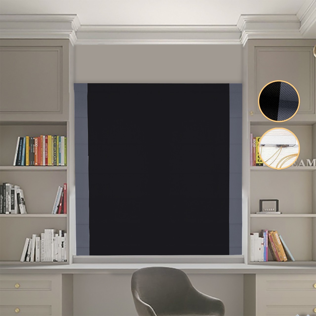 

Римские шторы DECOLIV Блэкаут Перфект черный с графитовыми кантами по бокам 70*170 см