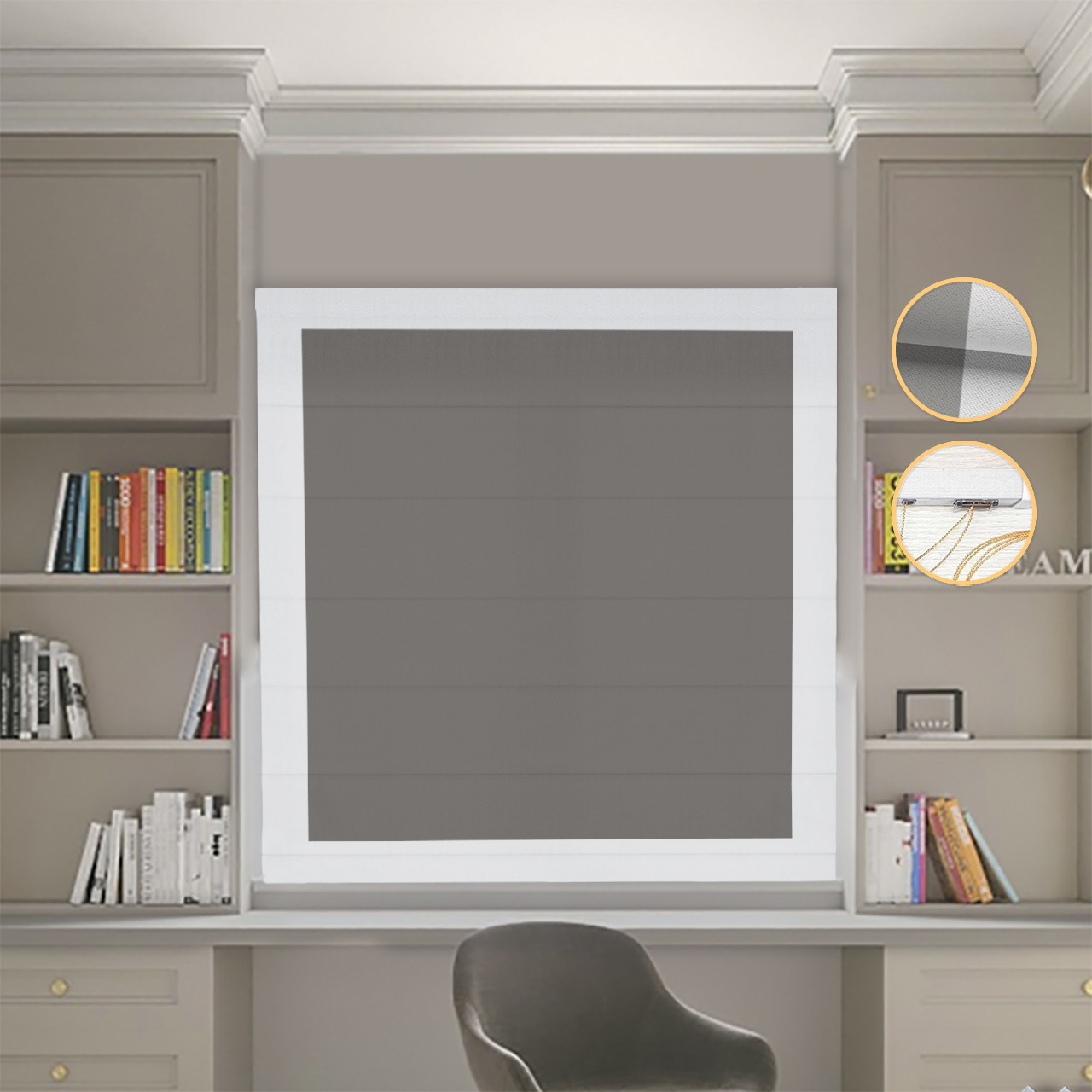 

Римские шторы DECOLIV Блэкаут Нова графитовый с светло-серыми кантами 40*170 см