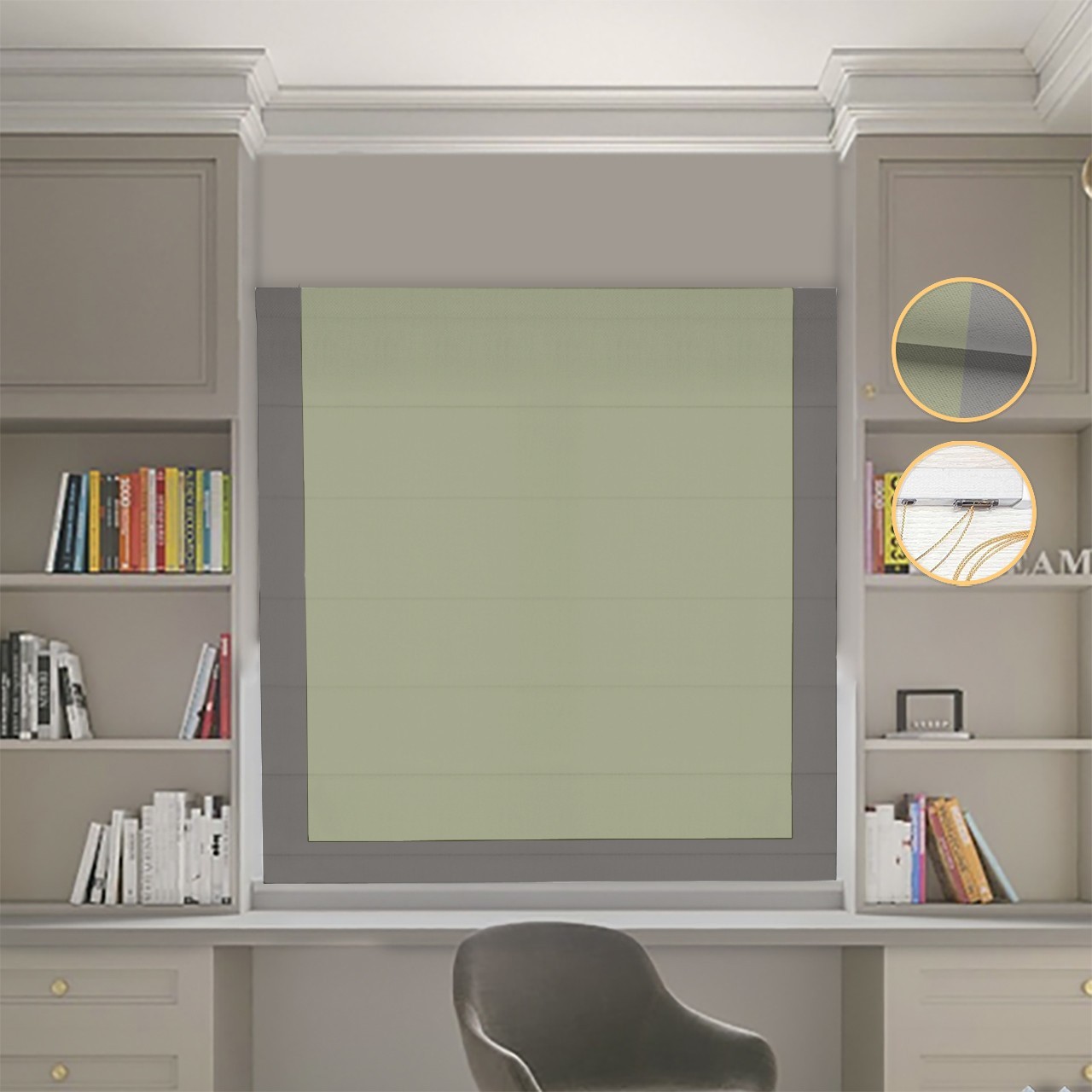 

Римские шторы DECOLIV Блэкаут Нова оливковый с графитовым кантом 290*170 см