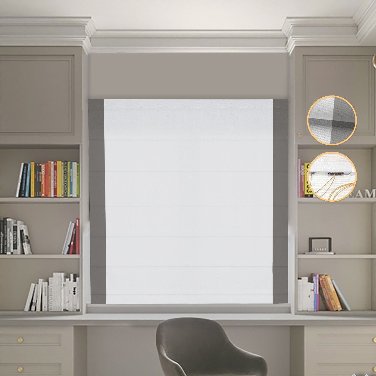 

Римские шторы DECOLIV Блэкаут Нова светло-серый с графитовым кантами по бокам 230*170