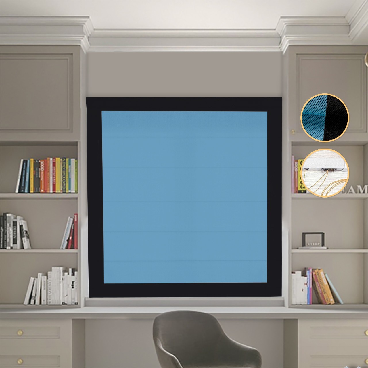 

Римские шторы DECOLIV Блэкаут Перфект голубой с черными кантами 280*170 см