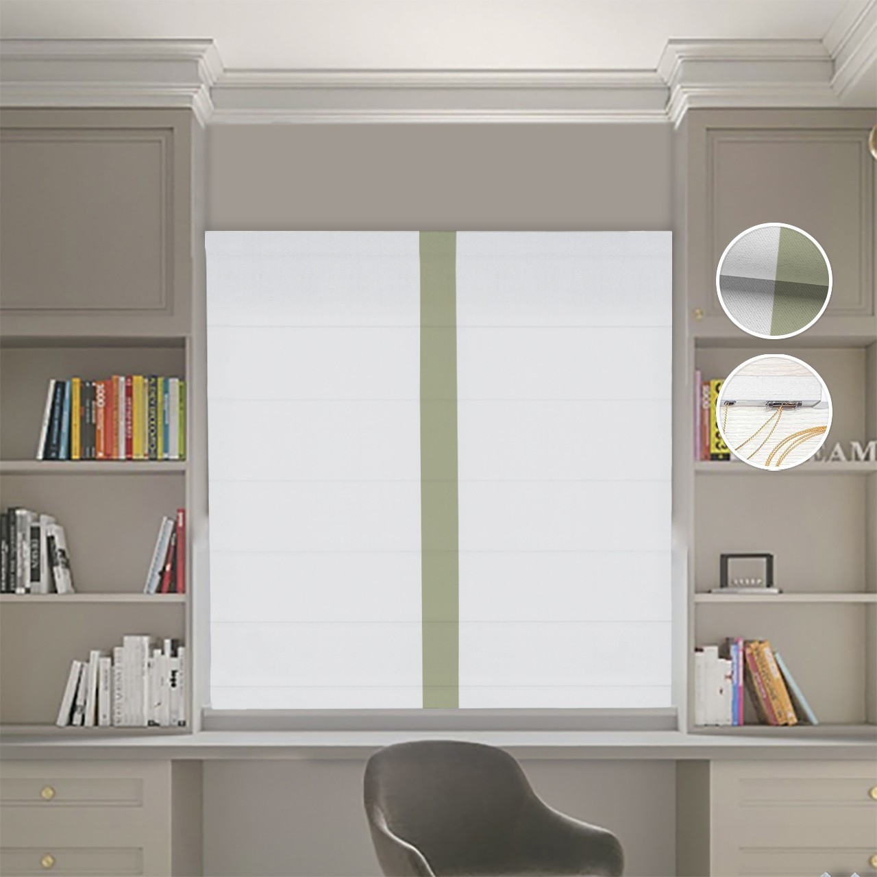 

Римские шторы DECOLIV Блэкаут Нова светло-серый с оливковым кантом по центру 180*170