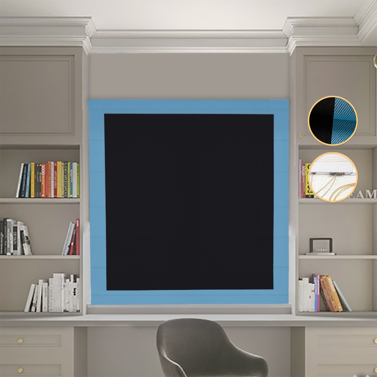 

Римские шторы DECOLIV Блэкаут Перфект черный с голубыми кантами 40*170 см