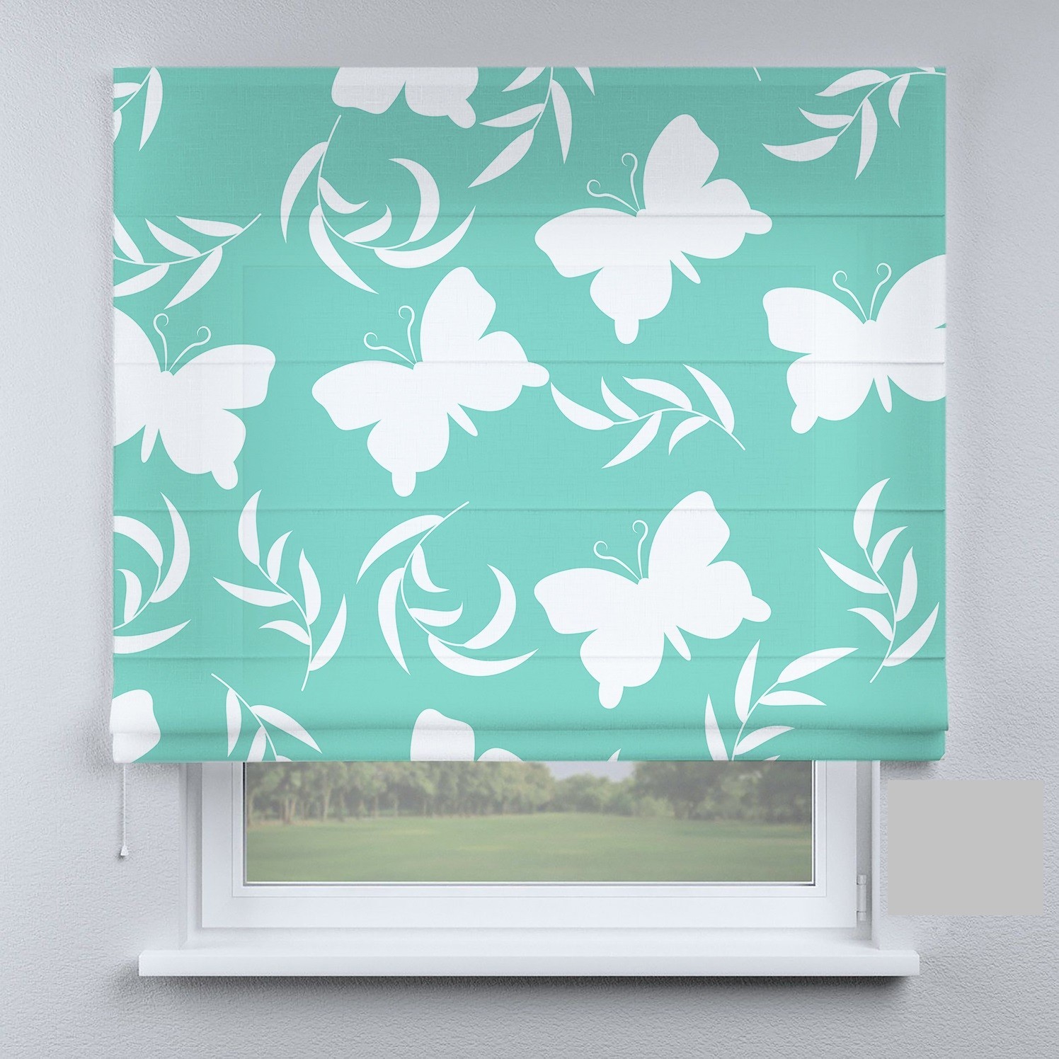 

Римские шторы DECOLIV большие бабочки на бирюзовом фоне 140*170 см