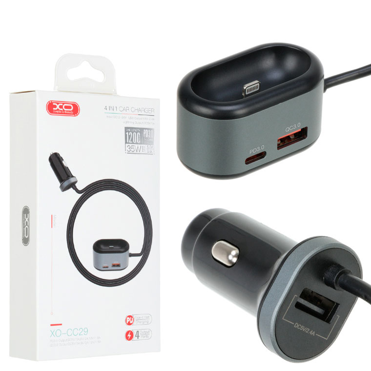 

Автомобильное зарядное устройство XO CC29 4in1 QC 3.0 PD 2USB 3A + зарядка для Apple AirPods black