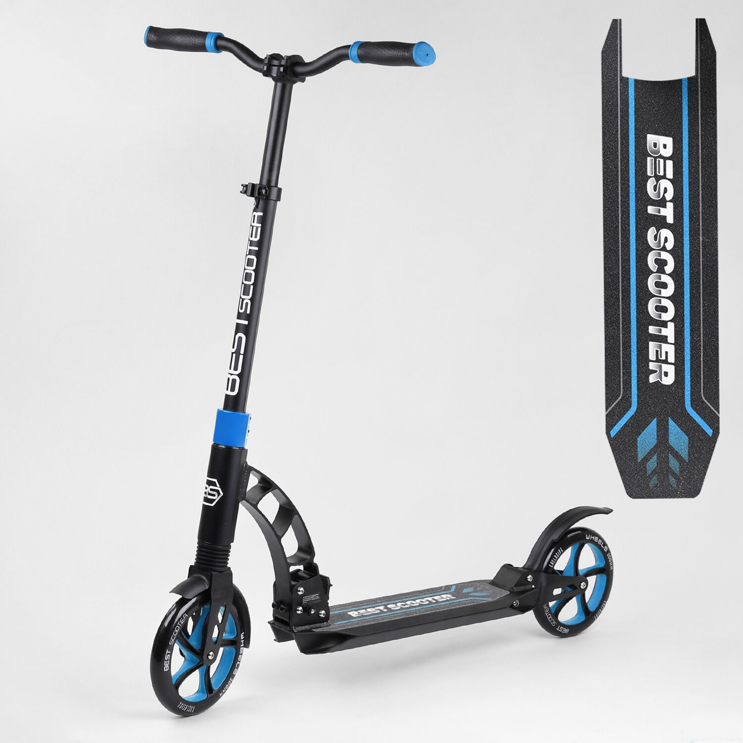 

Самокат Best Scooter 44073 черно-синий, зажим руля, колеса PU - 20 см, 2 амортизатора