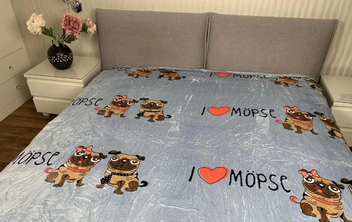 

Мягкий плед покрывало Велсофт 160х200 см (Серое с мопсами)