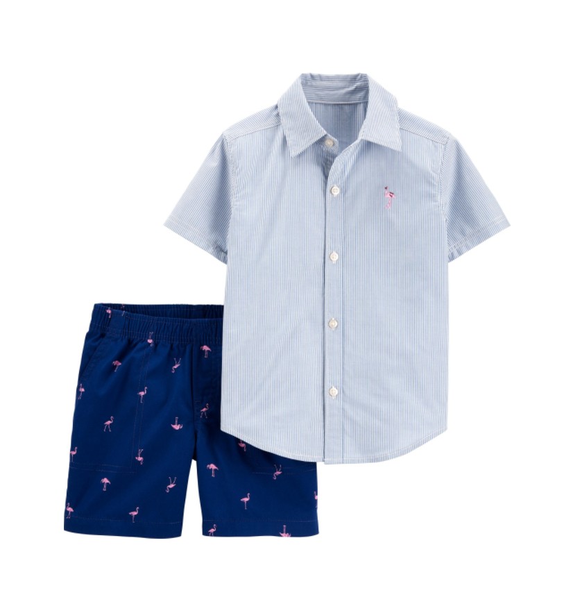 

Комплект Carter's для мальчика из 2 предметов с рубашкой в полоску пуговицами спереди и шорты с фламинго 98 см