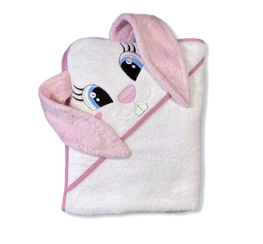 

Полотенце для девочки с уголком-капюшоном 100х120 см TINO baby "Зайка" с ушками, белый