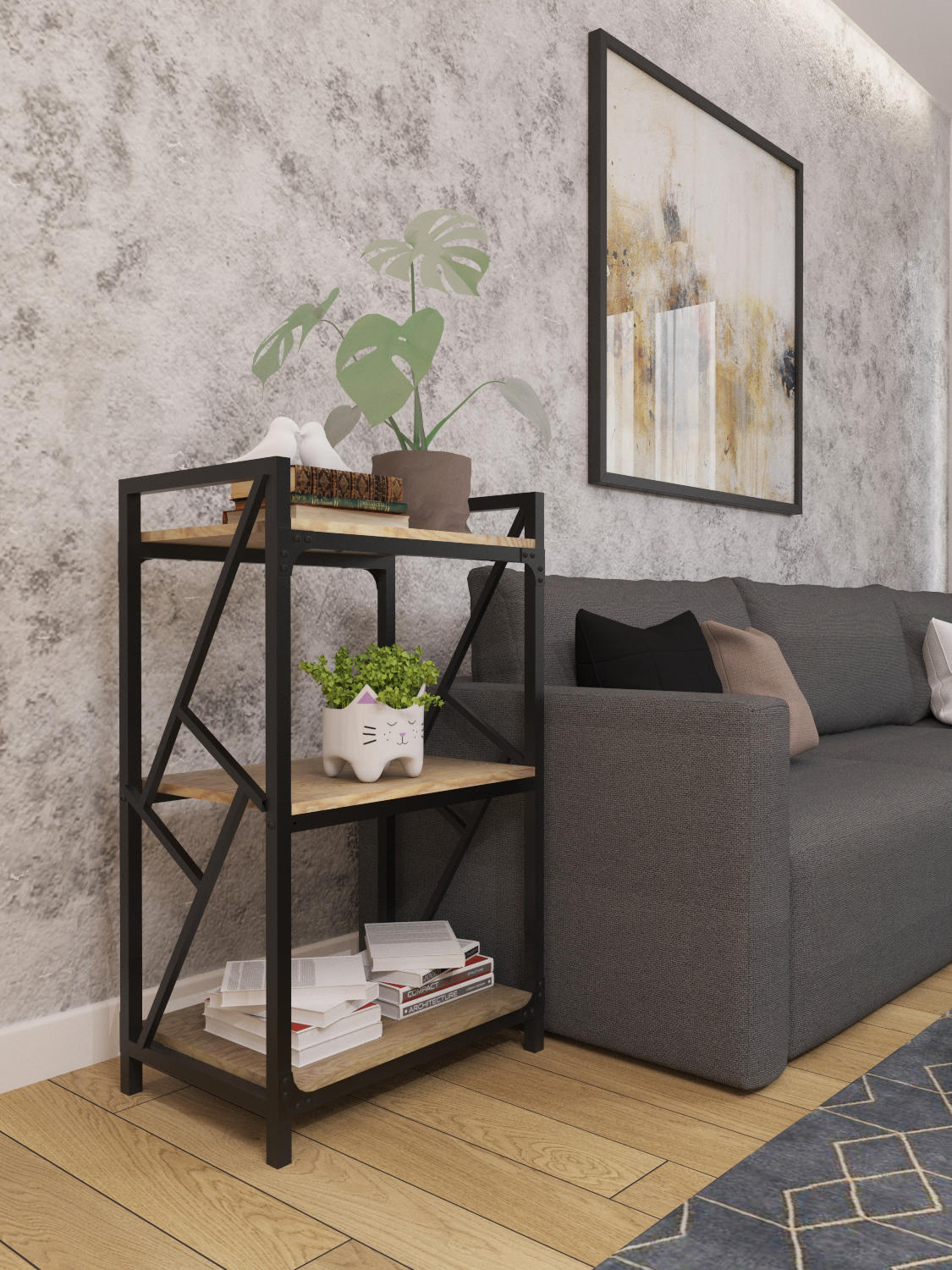 

Стеллаж 3 полки Металл-дизайн Ромбо чёрный бархат + Бук мексиканский