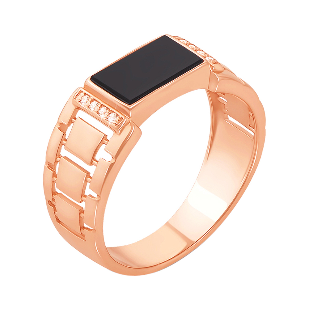 

Перстень-печатка из красного золота с черным ониксом и фианитами 000117629 22.5 размера