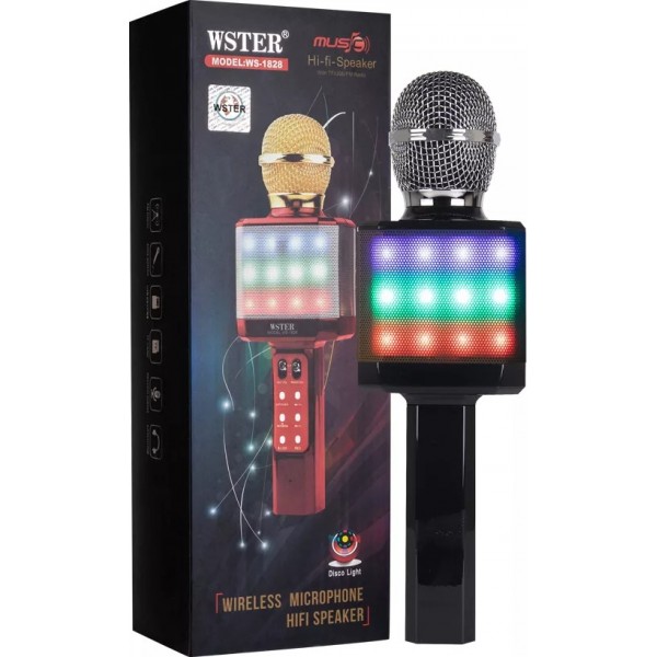 

Караоке микрофон WSTER WS-1828 Black с функцией изменения голоса|FM радио, USB, TF Card, AUX| Функция записи и LED подсветка