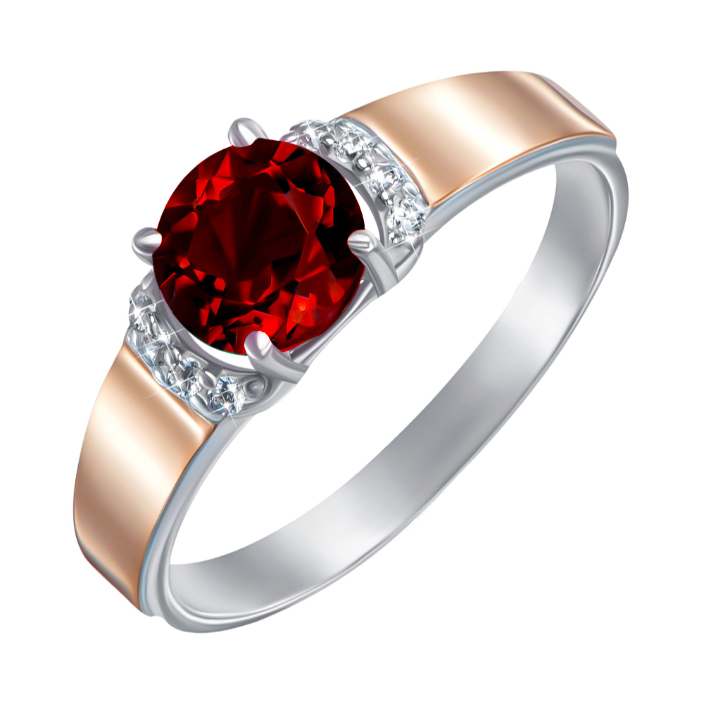 

Серебряное кольцо с золотыми накладками,гранатом и фианитами 000134969 18 размера