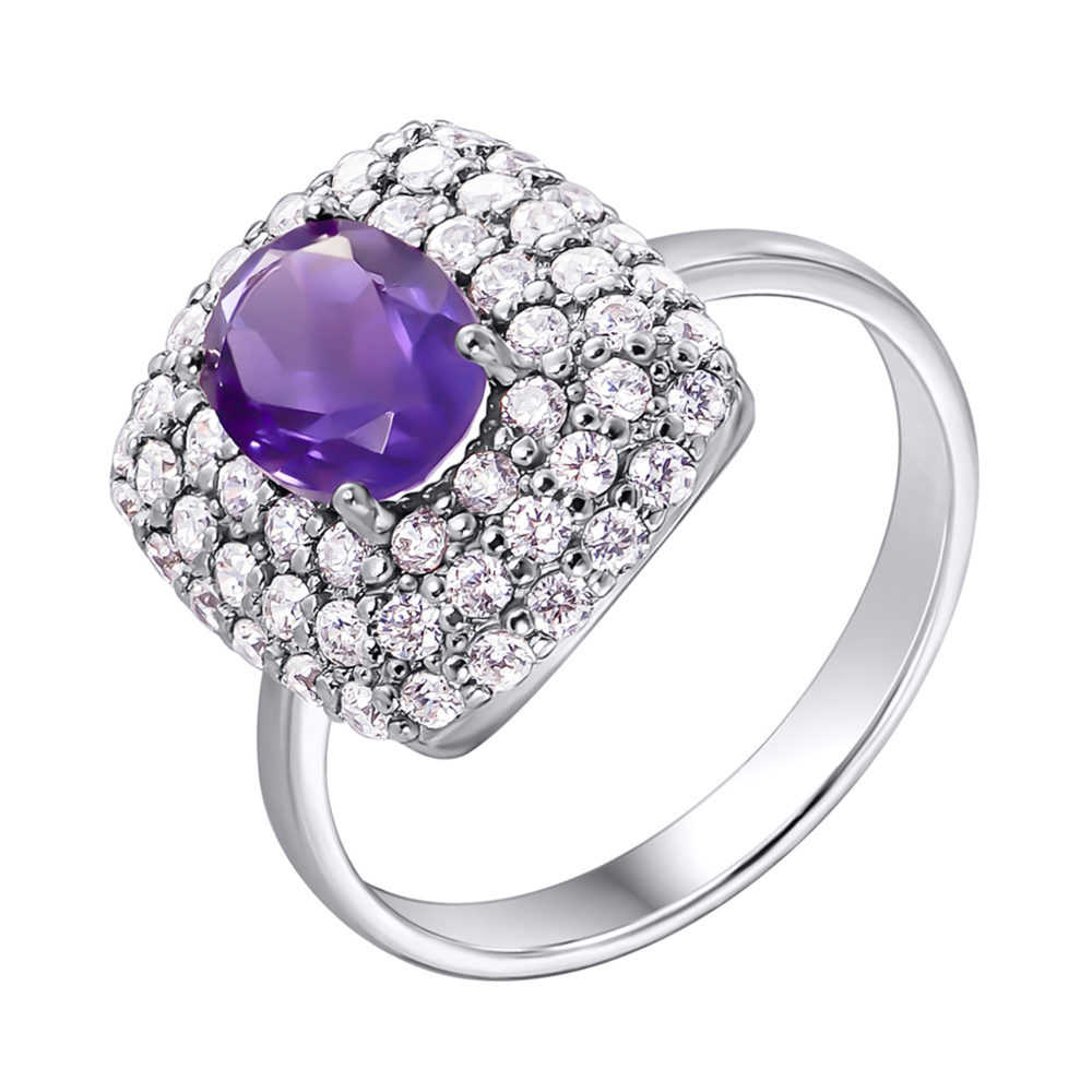 

Серебряное кольцо с аметистом и фианитами 000140030 17 размера
