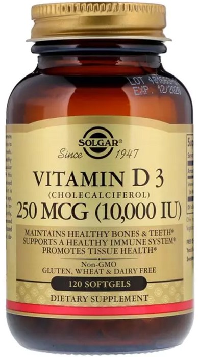 

Витамин Solgar D3, Vitamin D3 (Cholecalciferol), 250 мкг, 10,000 МЕ, 120 гелевых капсул (33984358720)