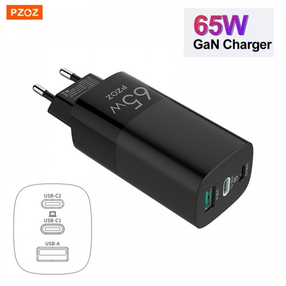 

Сетевое зарядное устройство PZOZ GAN 65W (2 usb type-c + 1 usb A) Black