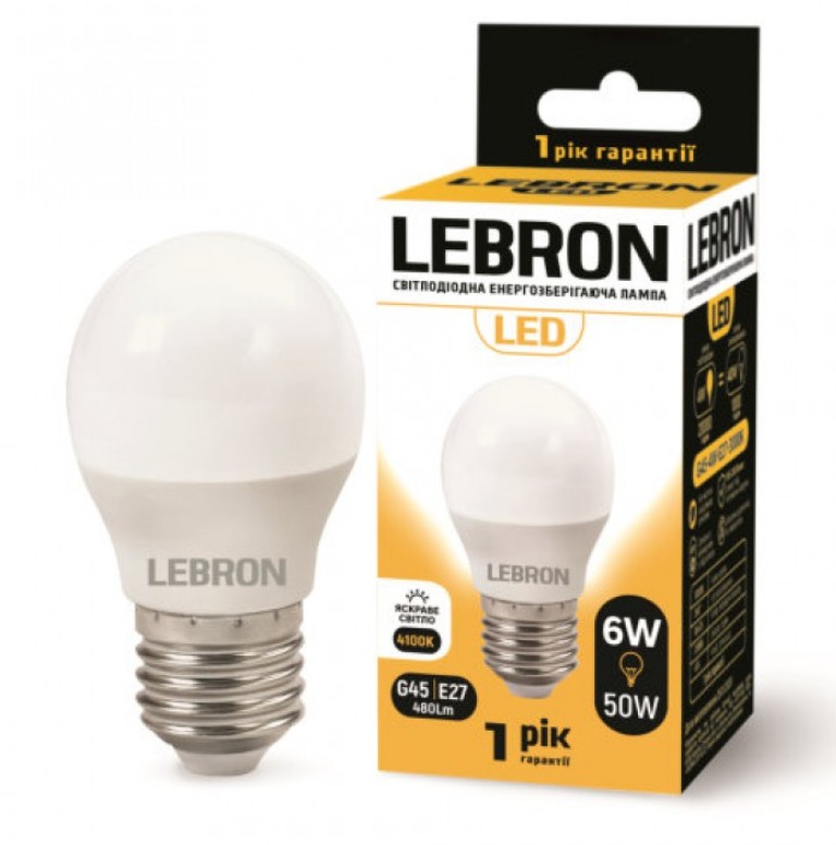 

Лампа светодиодная Lebron L-G45 6Вт Е27 4100К упак 10 шт.