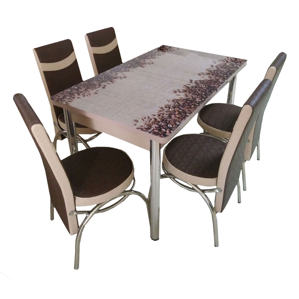 

Раскладной обеденный комплект для гостиной, кухни Марсель (стол + 6 стульев) стекло бежевый + коричневый/МДФ бежевый, металл хром цвет Woody, 857 кофе