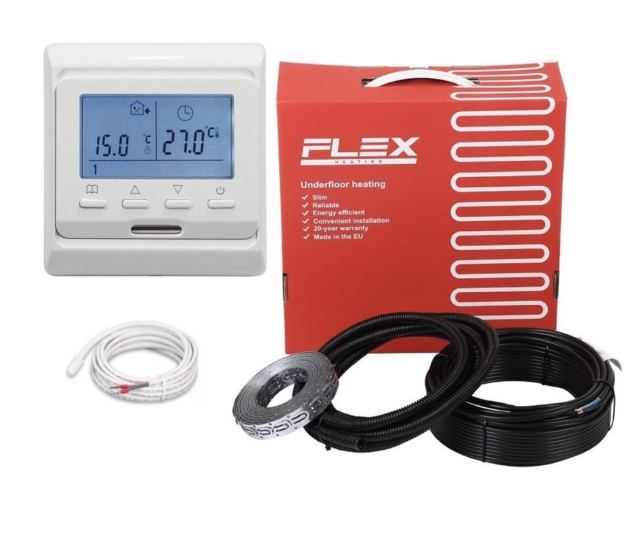 

Двухжильный нагревательный кабель Flex 5,0м²-6,0м²/875Вт (50м) в комплекте с программируемым терморегулятором Е 51