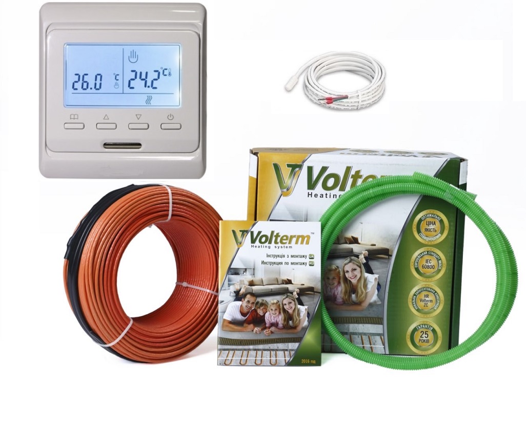 

Двухжильный нагревательный кабель Volterm 6,8м²-8,5м²/1200Вт (68м) в комплекте с программируемым терморегулятором