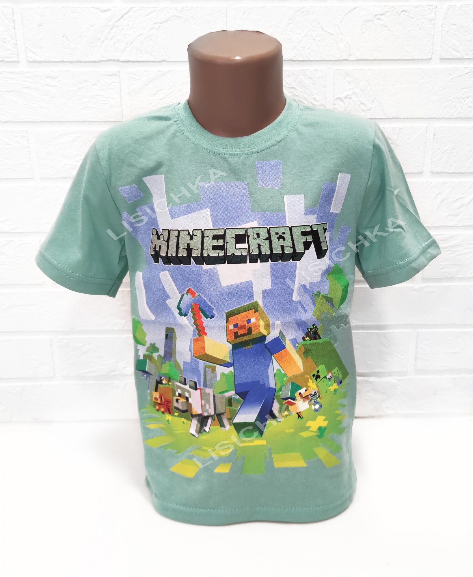 

Футболка Foxstyle Майнкрафт Стив, всем фанатам игры Minecraft, 134-140см, светло-зеленая