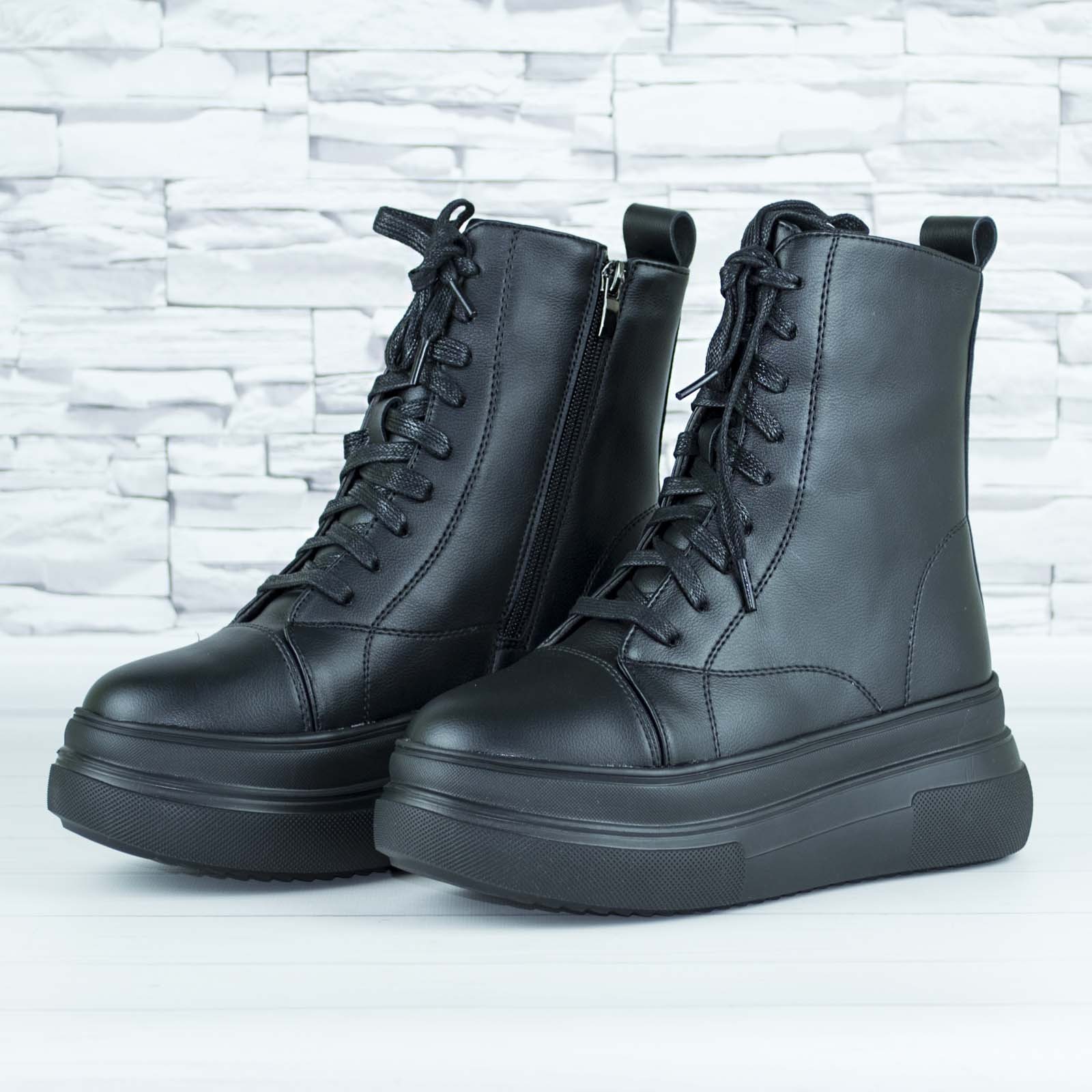 

Ботинки женские зимние на шнурках и молнии Violeta 166-7 black-1K 38р (24.5 см) черные экокожа b-463