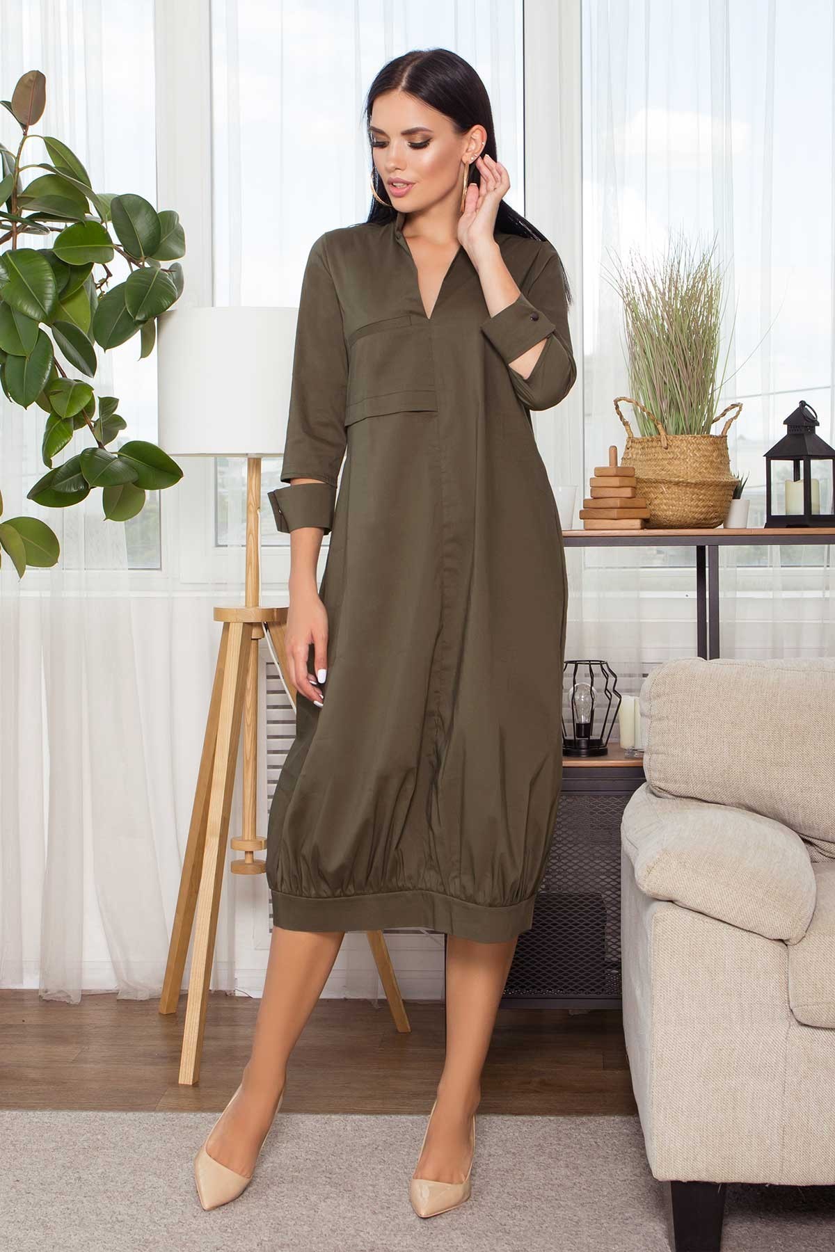 

Стильное коттоновое платье свободного кроя Woman Fashion S хаки (WF_А-257)