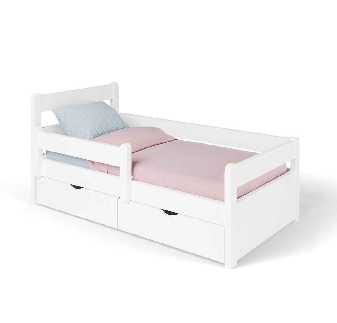 

Детская односпальная кроватка Вуди Massiv 80х160 с ящиками и бортиком защиты белая