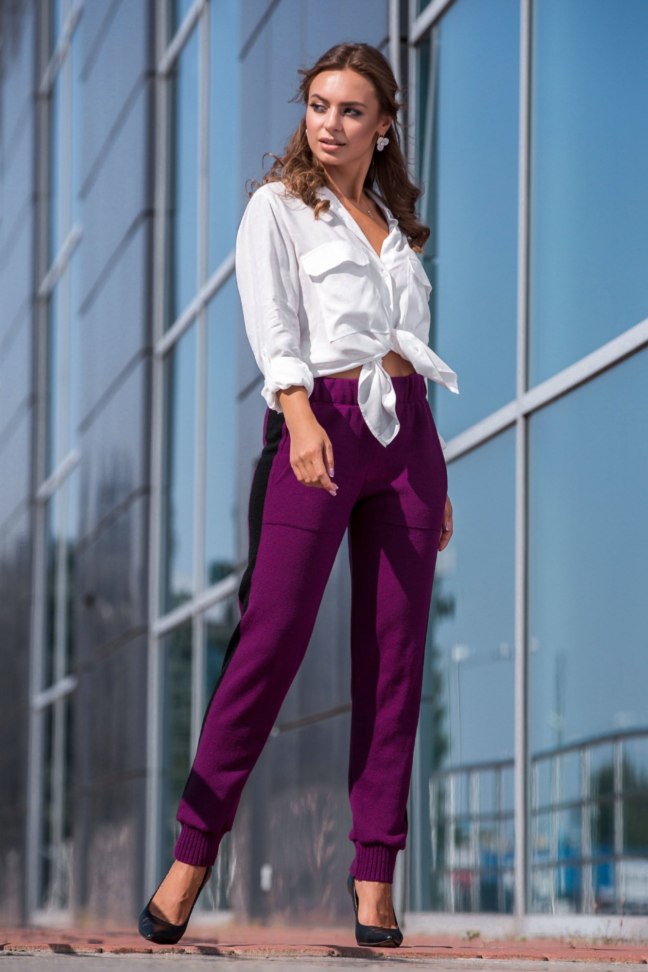 

Вязаные брюки джогерры с лампасами Guash oversize - фуксия с черным, Вязаные брюки джогерры с лампасами Guash oversize 44-48 фуксия с черным