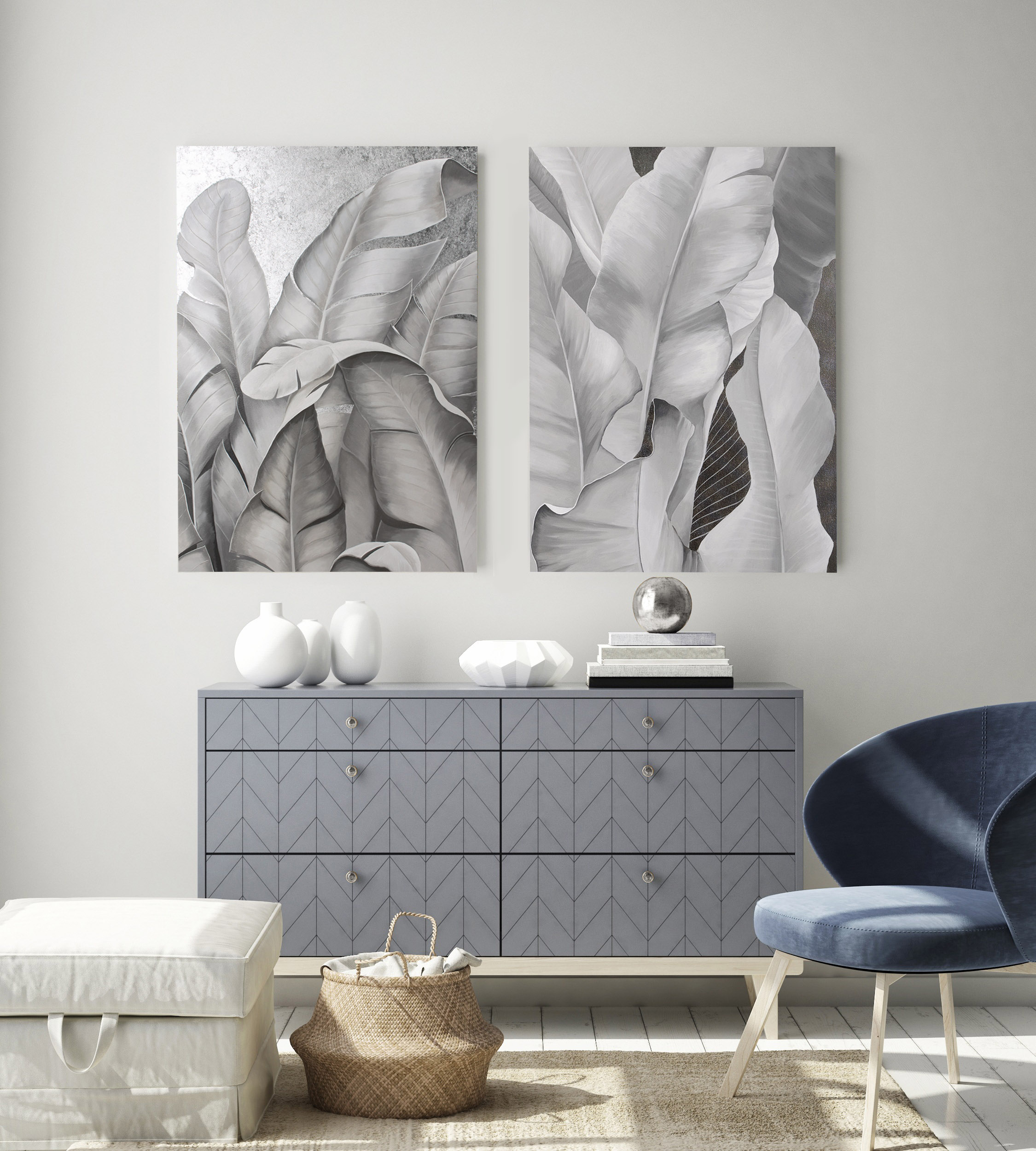 

Картина абстракция листья масляными красками на холсте Mati Silver leaves 3 Авторская Ручной работы 180х130 см (AO-293 180-130)